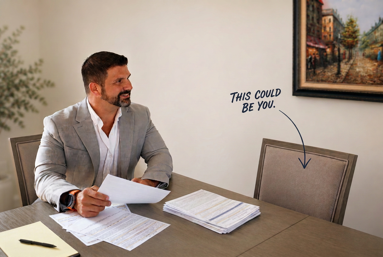 Andrew Ragusa seated at a table reviewing paperwork, with an empty chair opposite him