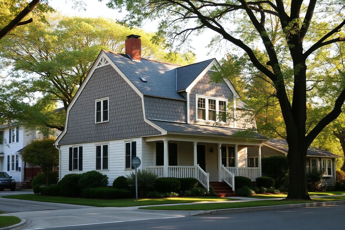 A shingled two-story home on a leafy street in East Northport, New York