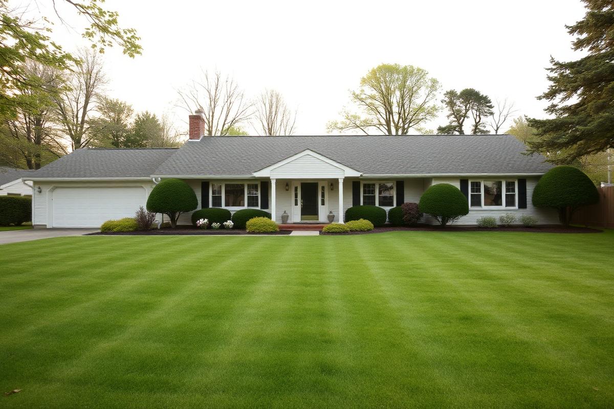 A ranch-style home with a wide front lawn in Hauppauge, New York