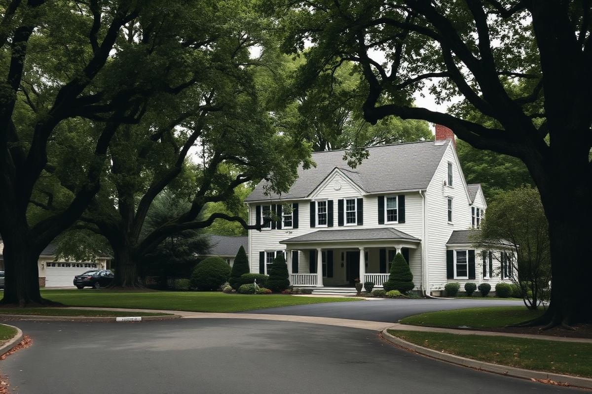 A colonial home on a tree-lined Smithtown, New York street